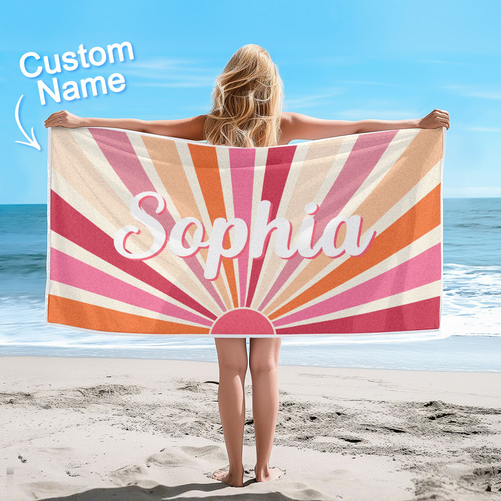 Custom Beach Towel with Name Vintage Style Stripe Pattern Summer Vacation Party Girl Trip Towel Gift - CustWit
