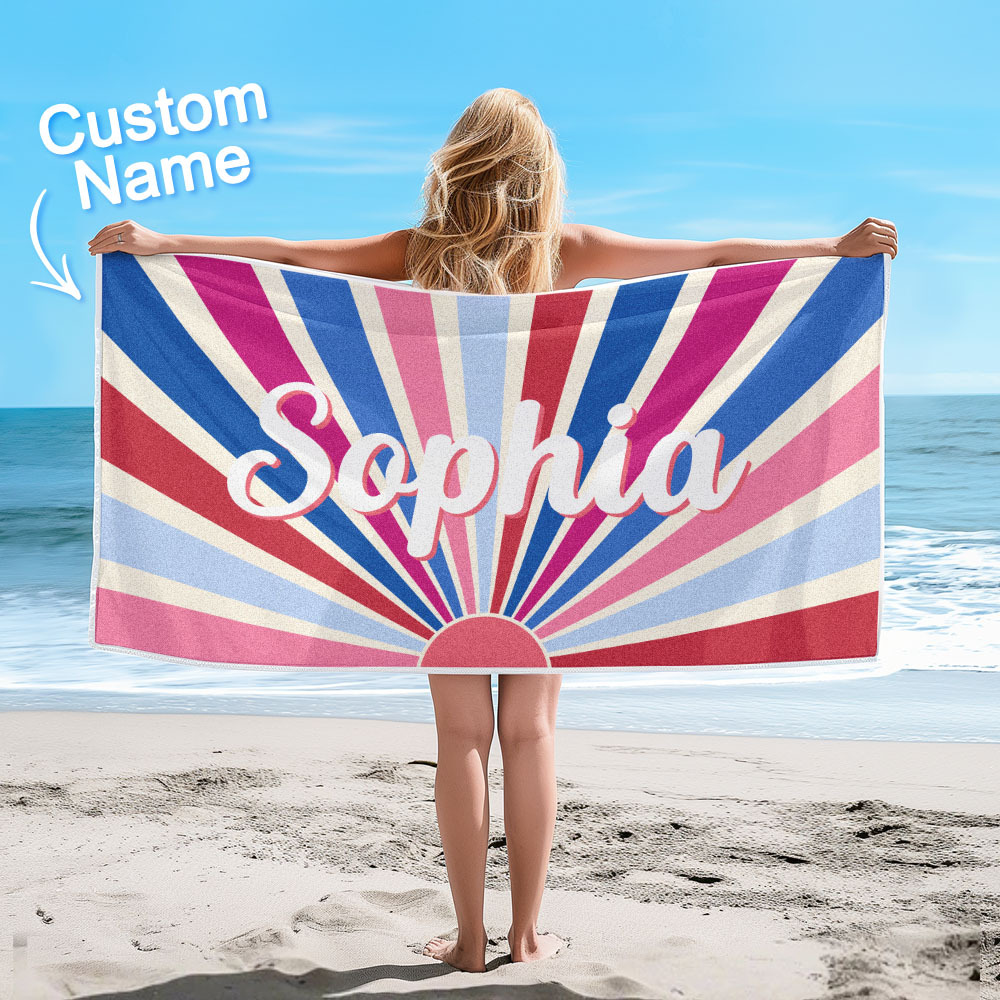 Custom Beach Towel with Name Vintage Style Stripe Pattern Summer Vacation Party Girl Trip Towel Gift - CustWit