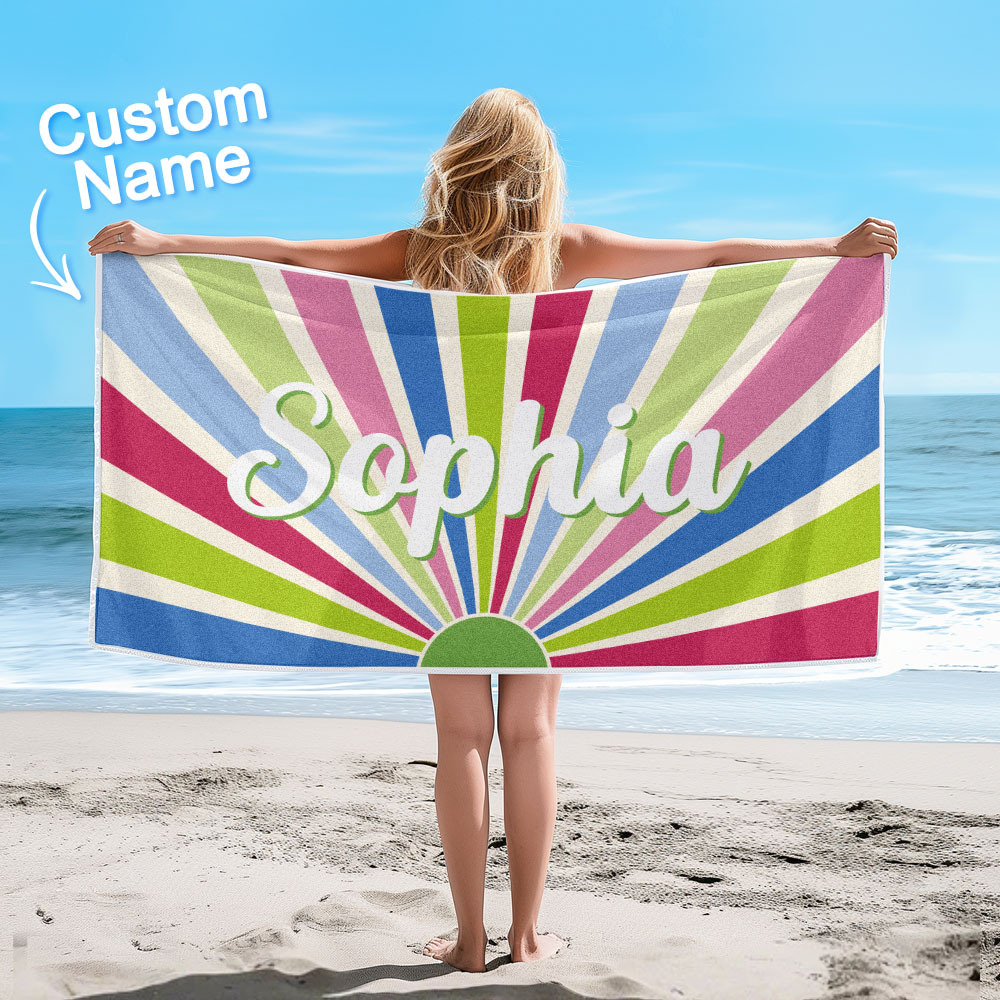 Custom Beach Towel with Name Vintage Style Stripe Pattern Summer Vacation Party Girl Trip Towel Gift - CustWit