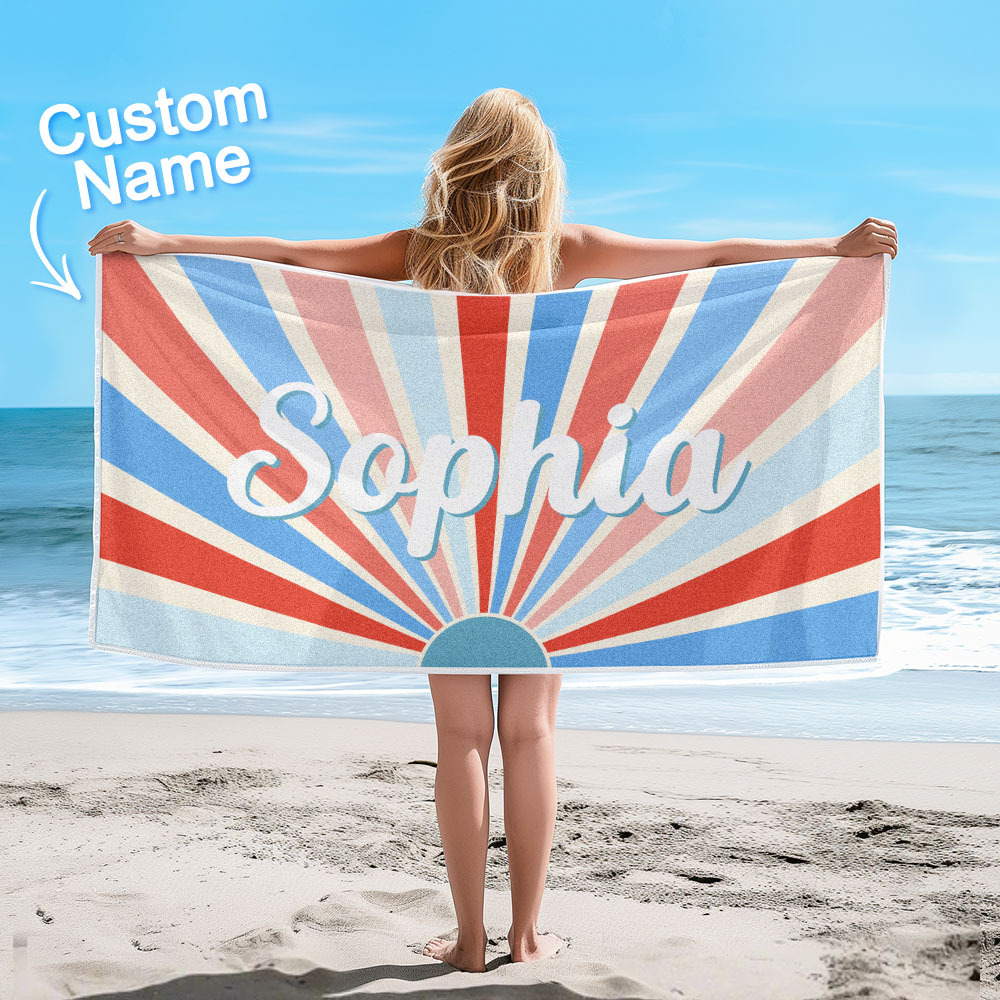Custom Beach Towel with Name Vintage Style Stripe Pattern Summer Vacation Party Girl Trip Towel Gift - CustWit