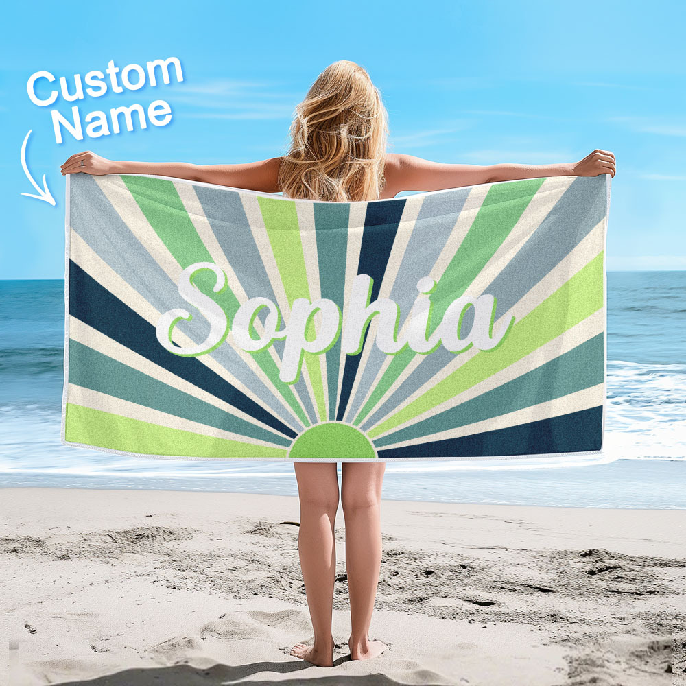 Custom Beach Towel with Name Vintage Style Stripe Pattern Summer Vacation Party Girl Trip Towel Gift - CustWit