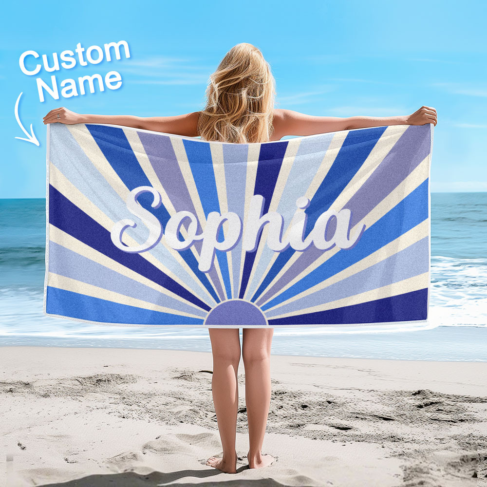 Custom Beach Towel with Name Vintage Style Stripe Pattern Summer Vacation Party Girl Trip Towel Gift - CustWit