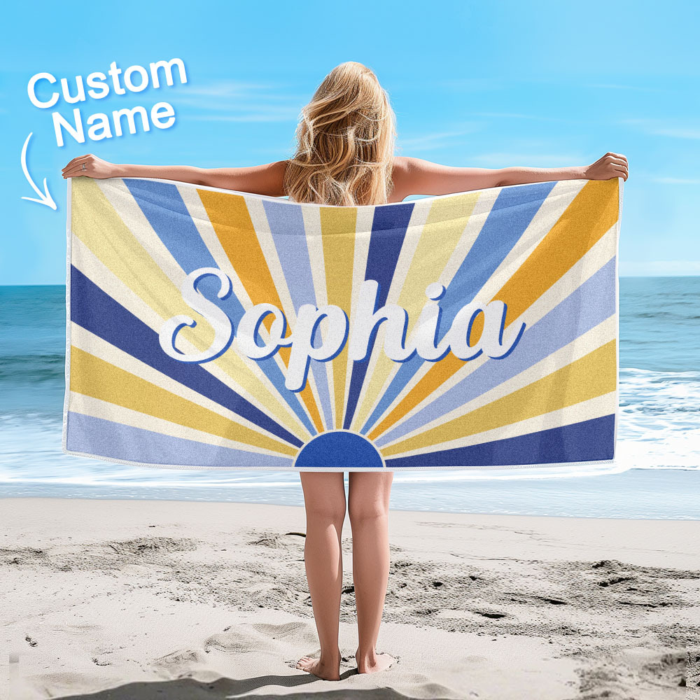 Custom Beach Towel with Name Vintage Style Stripe Pattern Summer Vacation Party Girl Trip Towel Gift - CustWit
