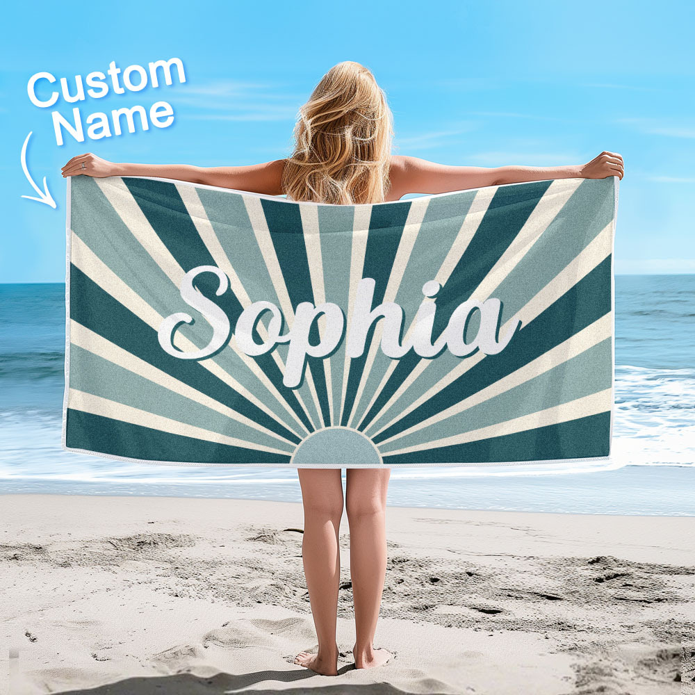 Custom Beach Towel with Name Vintage Style Stripe Pattern Summer Vacation Party Girl Trip Towel Gift - CustWit