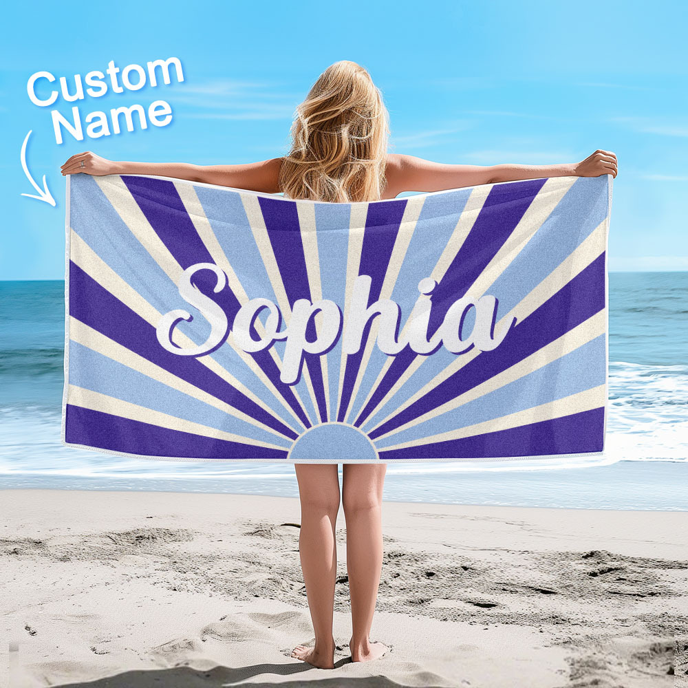 Custom Beach Towel with Name Vintage Style Stripe Pattern Summer Vacation Party Girl Trip Towel Gift - CustWit