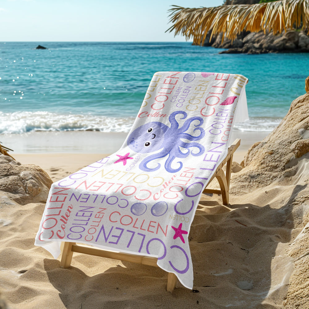 Custom Beach Towel with Name Ocean Animals Pool Towel Pool Party Gift - CustWit