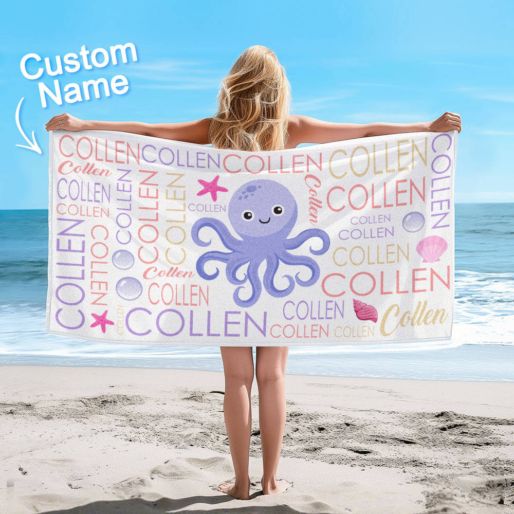 Custom Beach Towel with Name Ocean Animals Pool Towel Pool Party Gift - CustWit