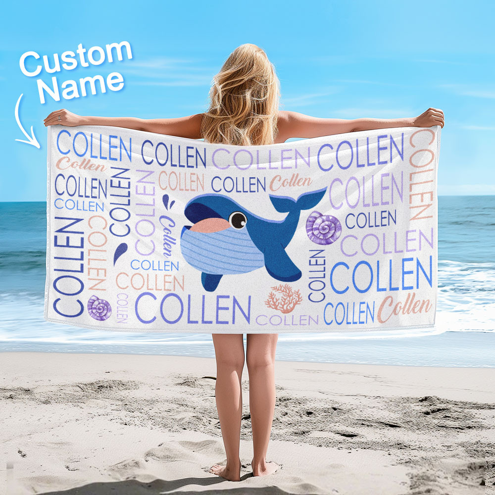 Custom Beach Towel with Name Ocean Animals Pool Towel Pool Party Gift - CustWit