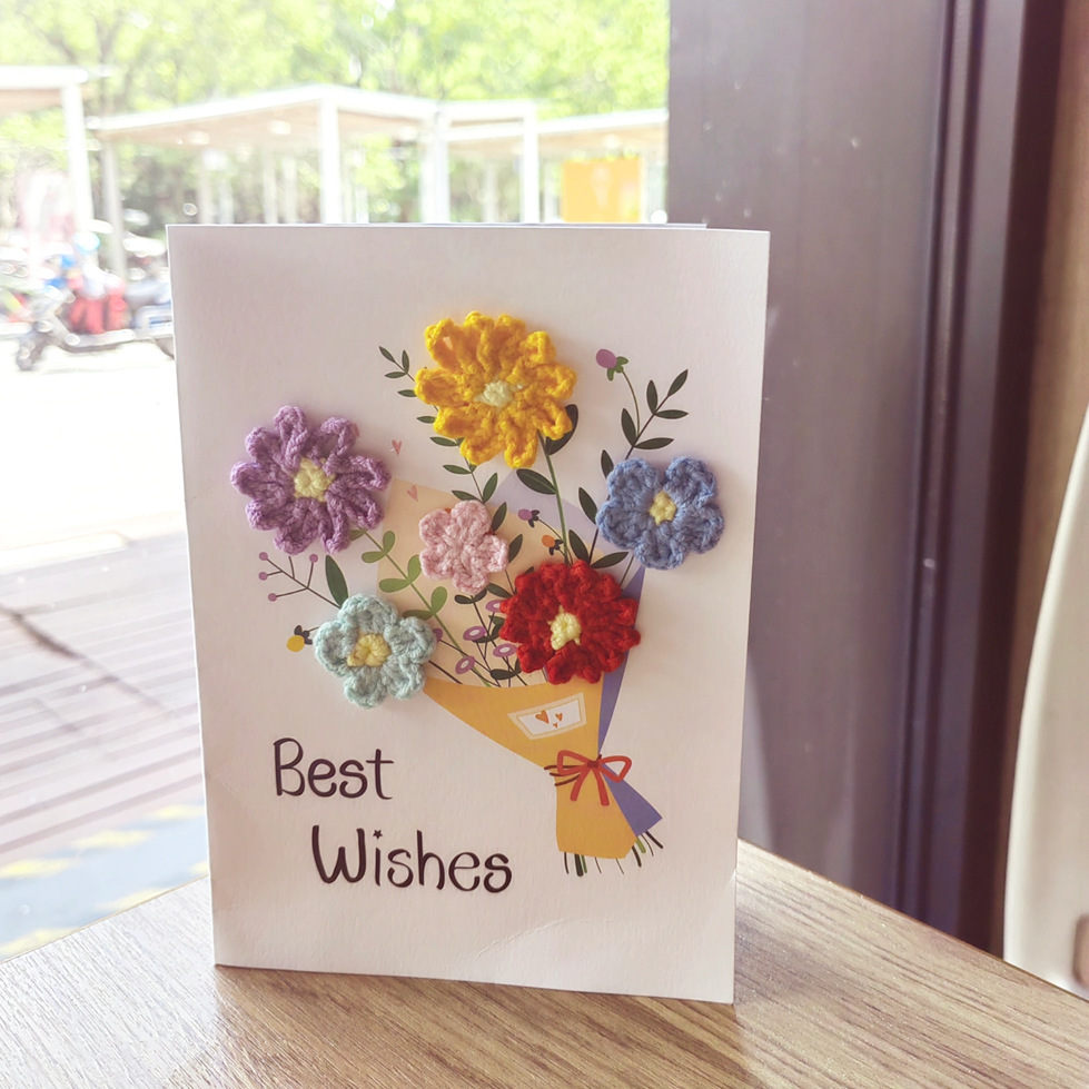 Handmade Crochet Flower Greeting Card Valentine’s Day 3D Knitted Floral Card, Romantic Gift for Her - CustWit