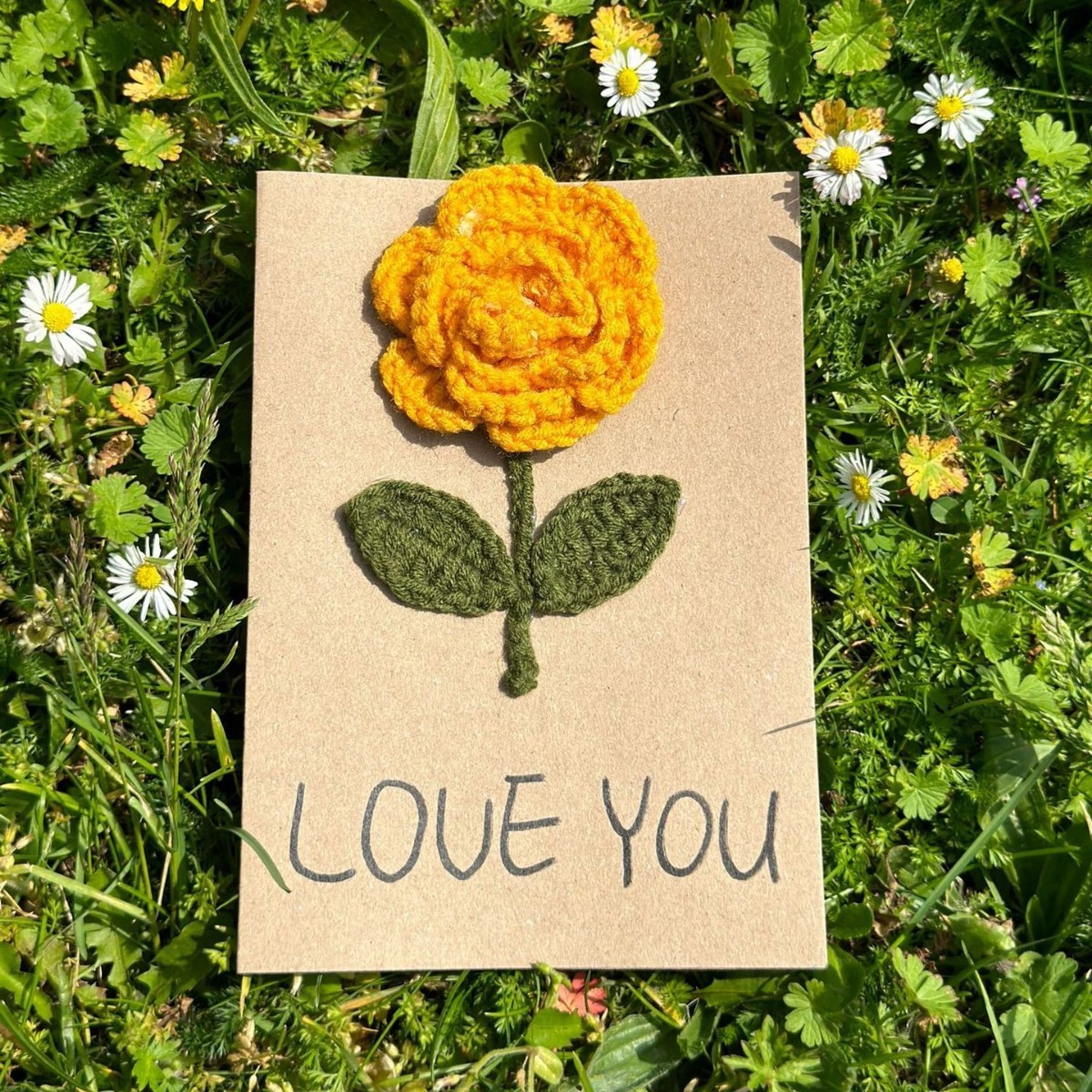 Handmade Crochet Flower Greeting Card Yellow Rose Valentine’s Day 3D Knitted Floral Card, Romantic Gift for Her - CustWit
