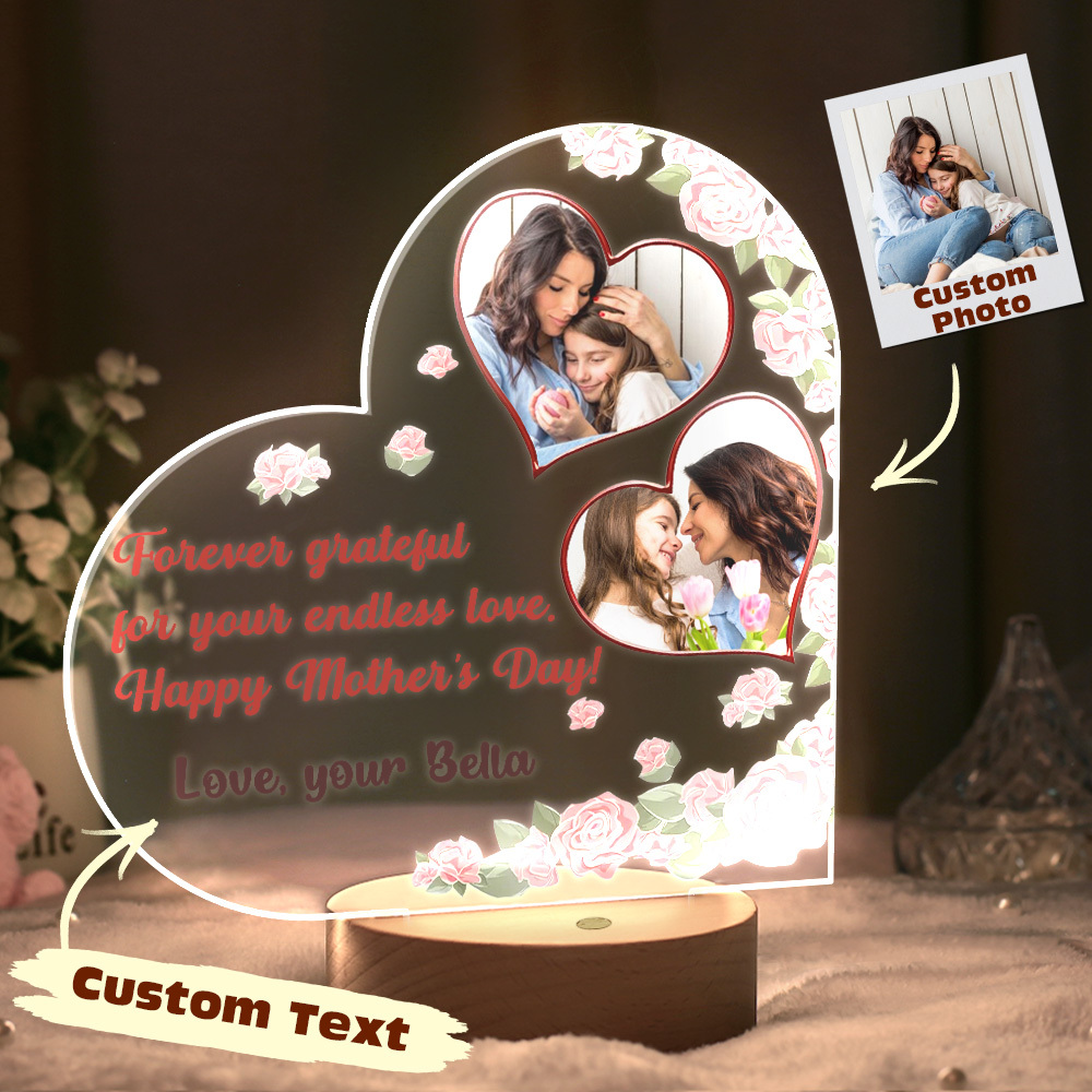 Custom Photo & Text Heart Night Light - Perfect Mother's Day Gift