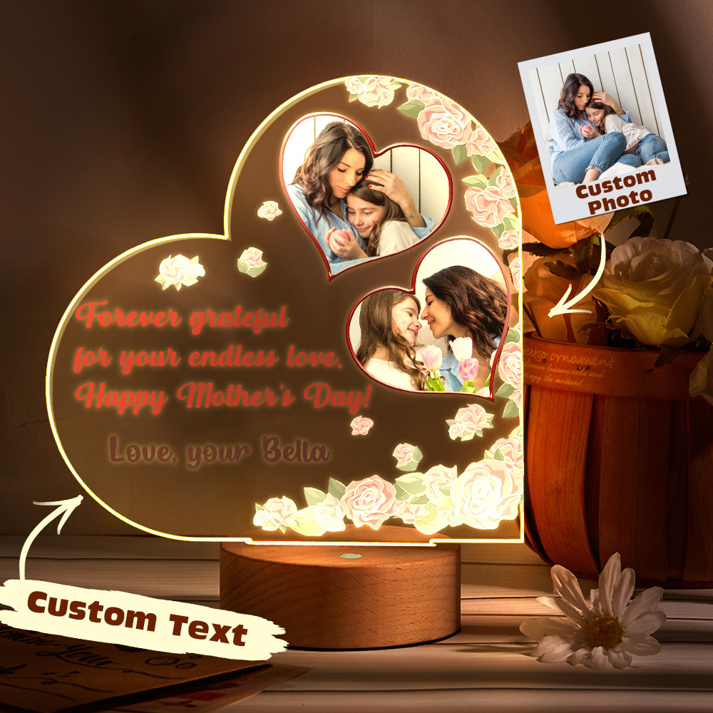 Custom Photo & Text Heart Night Light - Mother's Day Gift Idea