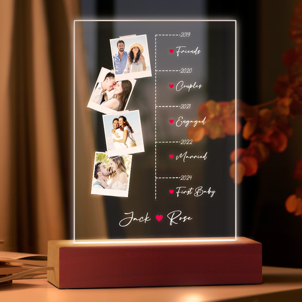 Custom Couple Timeline Night Light with Photos & Text - Personalized Romantic Gift