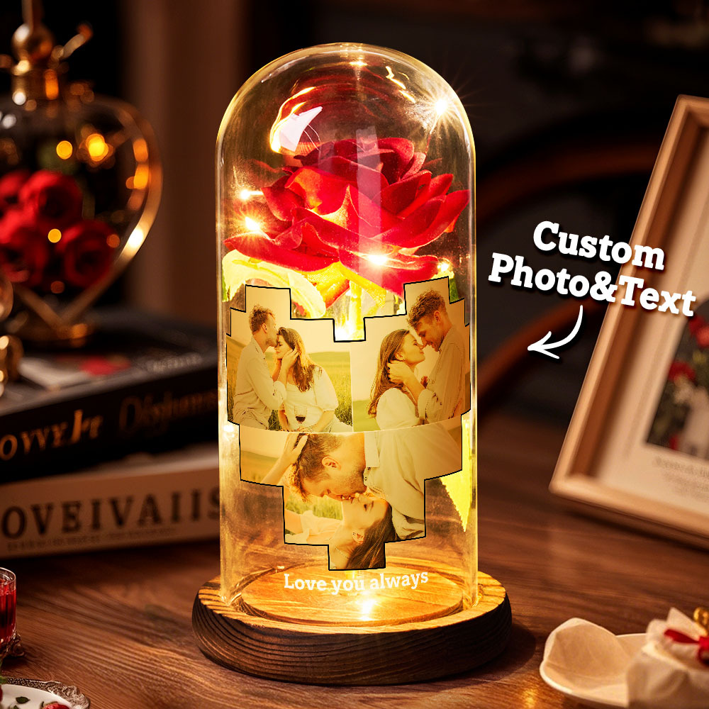 Custom Photo And Text Eternal Rose Flower LED Night Light Personalized Heart Shape Photo Light Eternal Rose Flower Glass Cover for Lovers Anniversary Gift