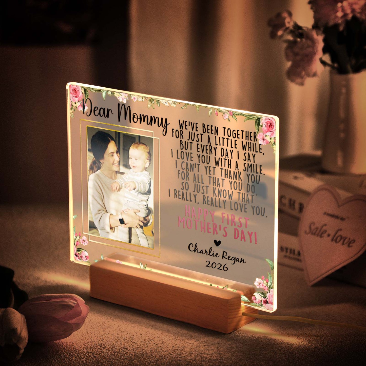Custom Photo Acrylic LED Night Light – Personalized Mother's Day Gift for Mom