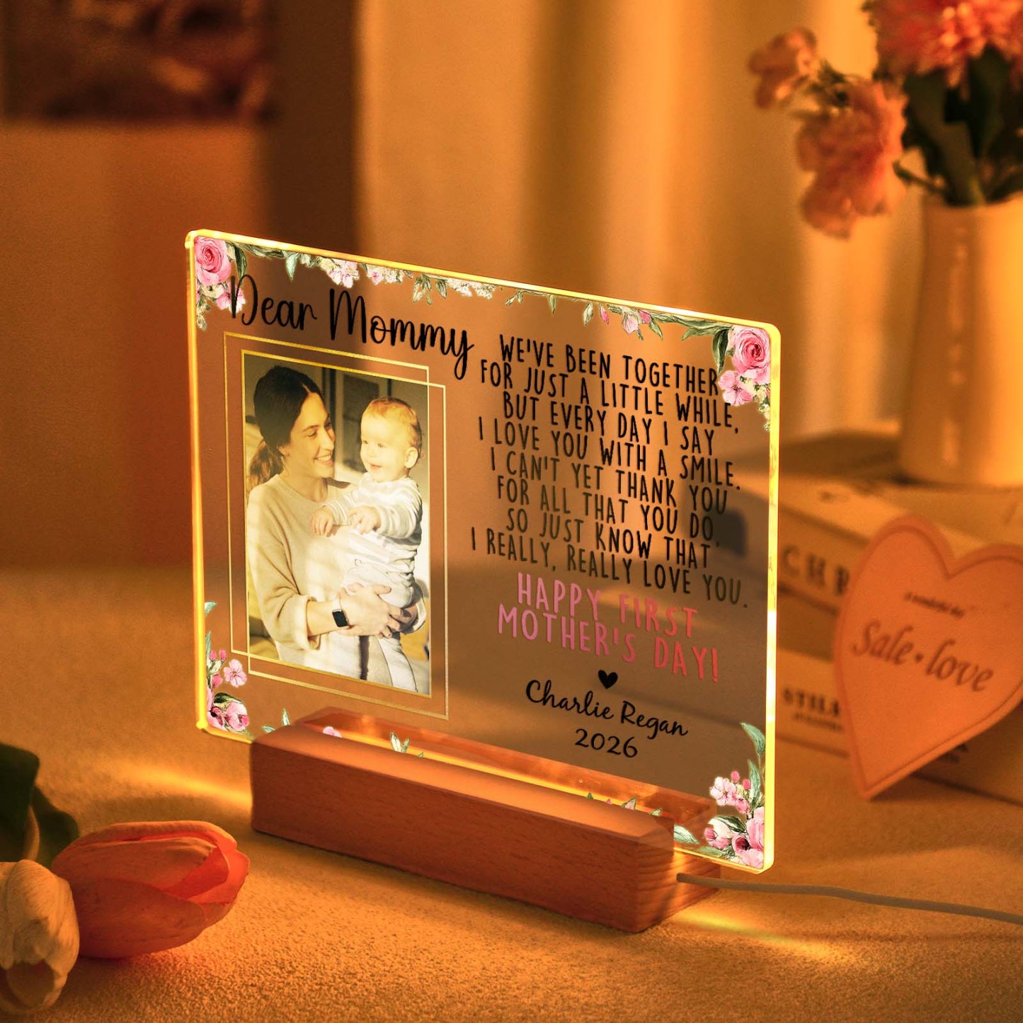 Custom Photo Acrylic LED Night Light – Personalized Mother's Day Gift for Mom