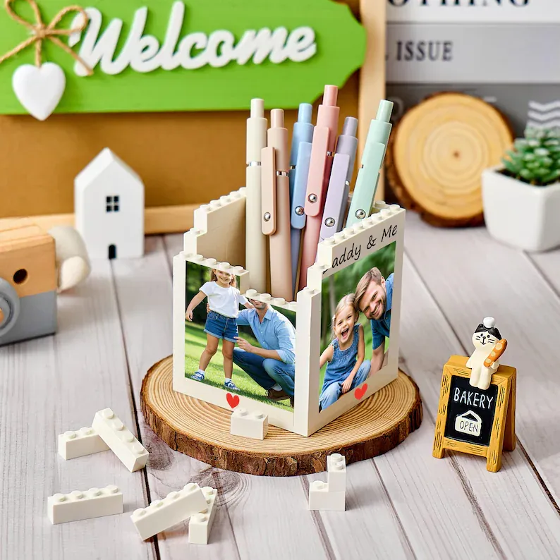 Personalised Daddy & Me Brick Photo block Pencil Pot, Brick-Inspired Organizer, Gifts for Dad, Kids, Chirlren, Student