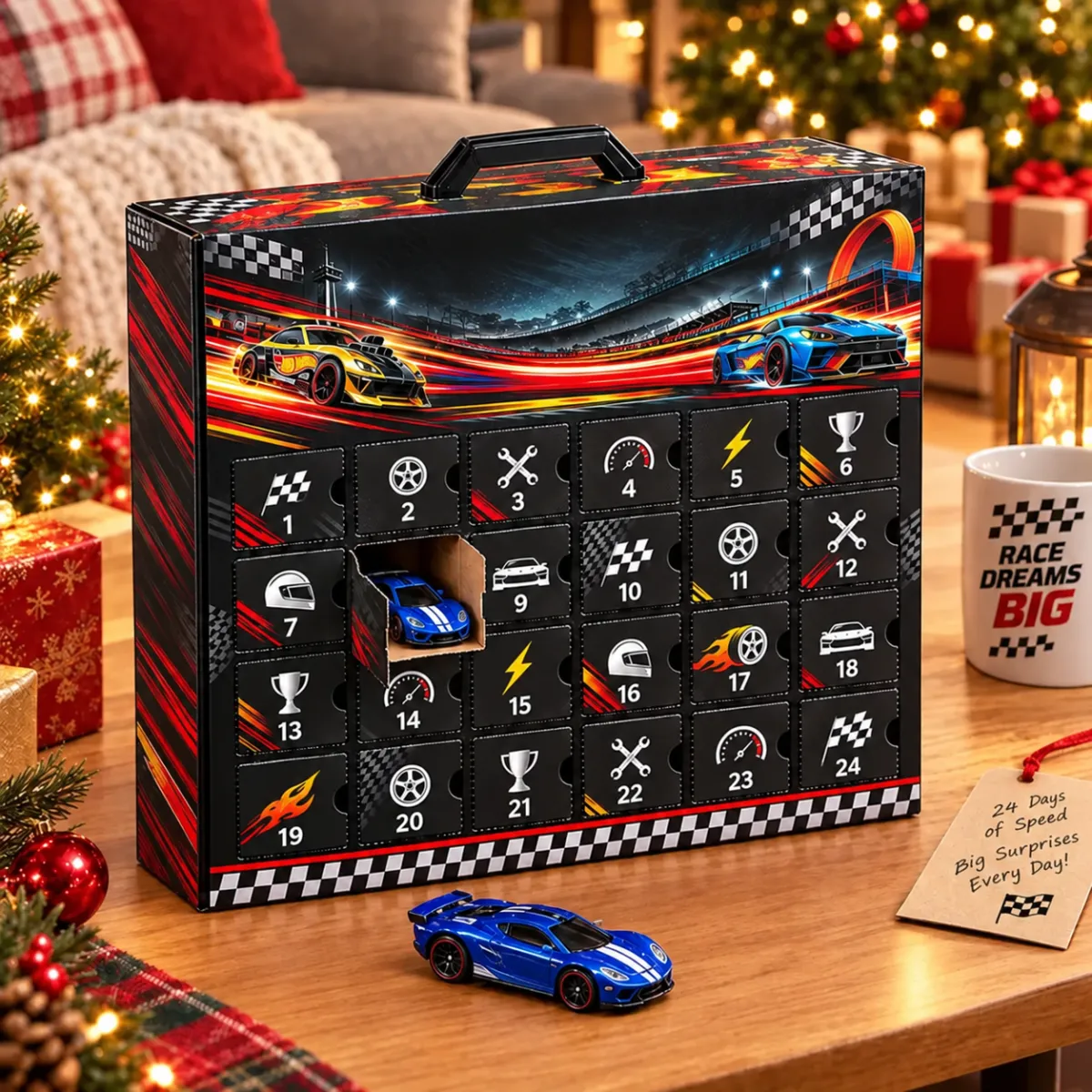 3D Racing Car Advent Calendar, 24-Day Christmas Countdown Gift Set for Car Enthusiasts and Collectors