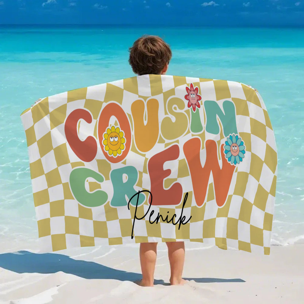 Personalised Cousin Crew Plaid Design Oversized Quick Dry Beach Towel with Name Birthday Summer Vacation Accessory Gift for Kids - CustWit