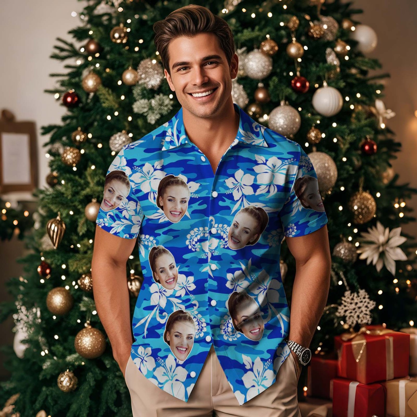 Custom Hawaiian Shirt Tropical Floral Hawaii Shirt All Over Print Face White Flower Blue Shirt