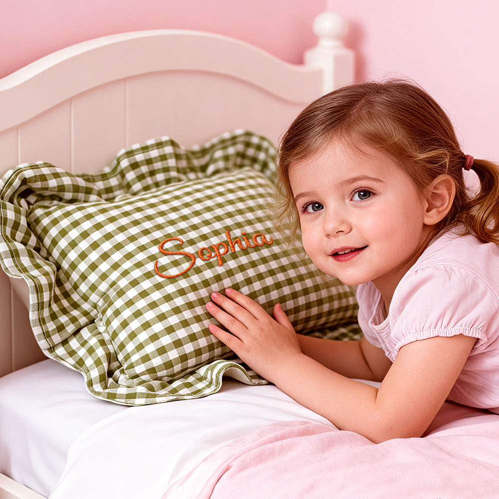 Custom Embroidered Plaid Baby Cushion - Nordic Style Pillow with Ruffles, Baby Shower Gift