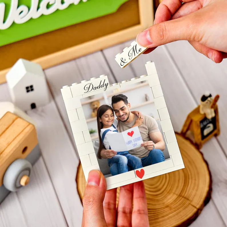 Personalised Daddy & Me Brick Photo block Pencil Pot, Brick-Inspired Organizer, Gifts for Dad, Kids, Chirlren, Student