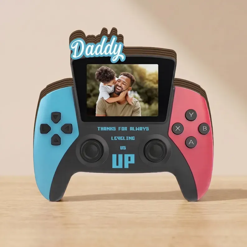 Personalized Fathers Day Gift for Gamer Dad, Custom Photo Dad Frame, Retro Game Console Photo Wooden Block Sign, Game Lover Room Decor