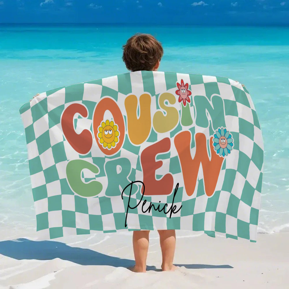 Personalised Cousin Crew Plaid Design Oversized Quick Dry Beach Towel with Name Birthday Summer Vacation Accessory Gift for Kids - CustWit