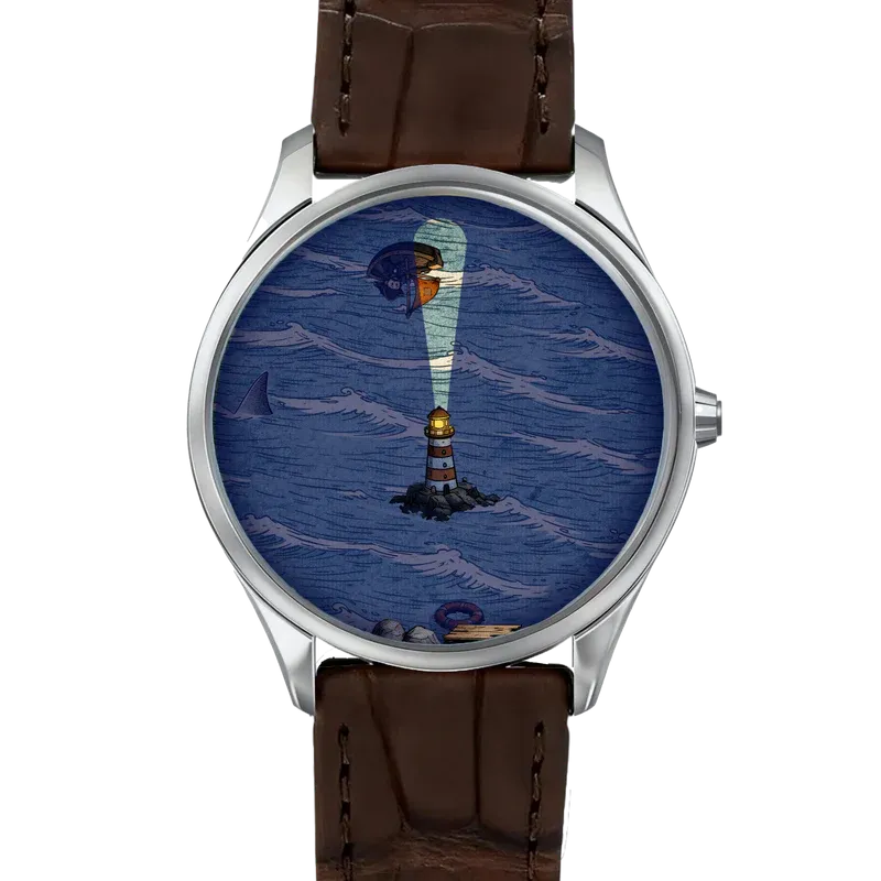 "The Lost Voyage" Lighthouse & Pirate Ship Artistic Watch – Creative Novelty Wristwatch with Rotating Beam Minute Hand & Floating Vessel Hour Indicator