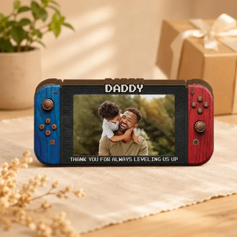 Personalized Fathers Day Gift for Gamer Dad, Custom Photo Dad Frame, Retro Game Console Photo Wooden Block Sign, Game Lover Room Decor