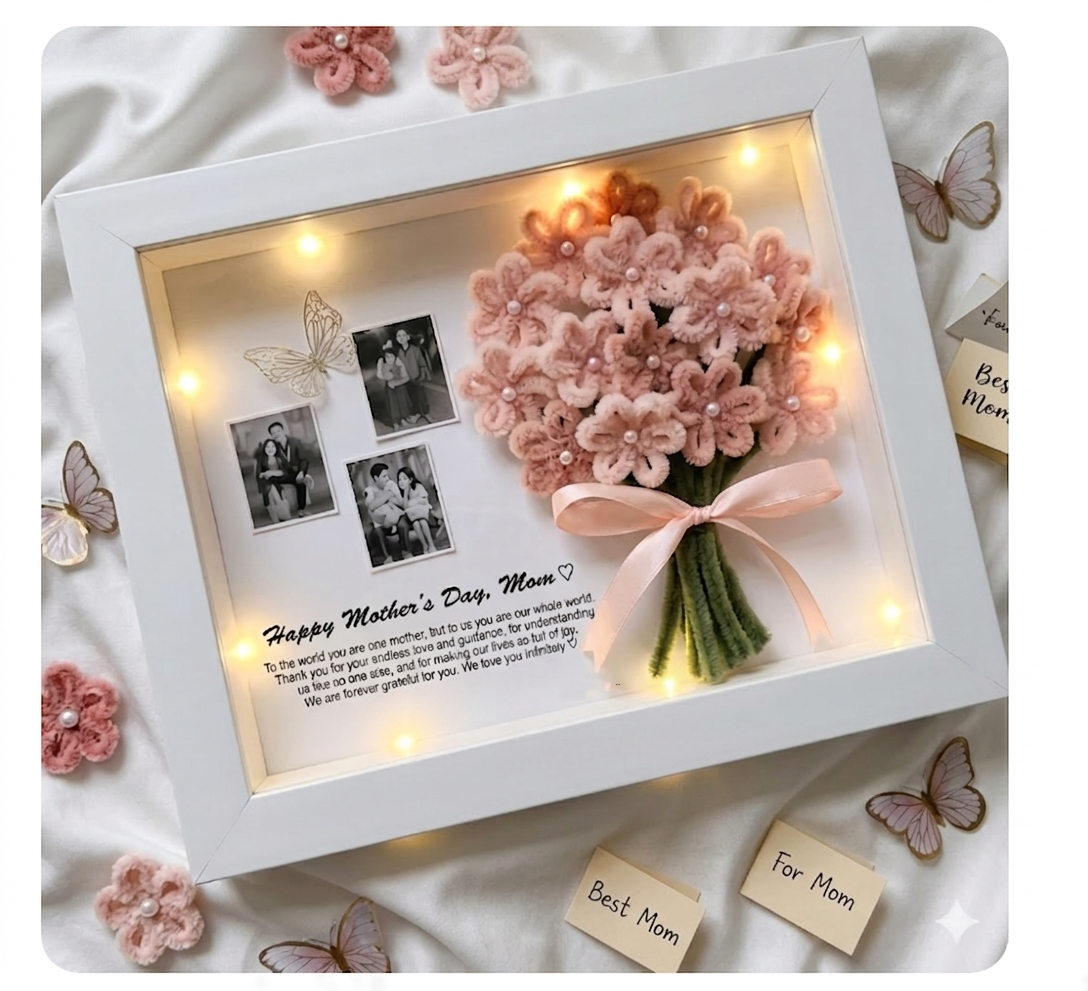Personalized Mothers Day Gift Shadow Box Handmade Pipe Cleaner Flower Bouquet with Custom Photos Lights Unique Keepsake for Mom
