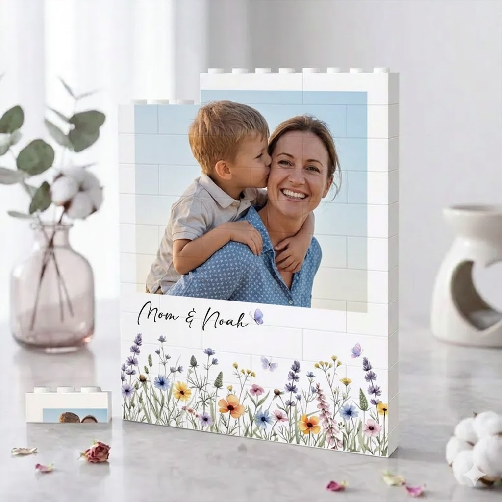 Personalized Wildflower Photo Brick Puzzle Custom Name Building Blocks with Floral Illustration Mothers Day Gift for Mom & Grandma Unique Desktop Picture Frame Bricks