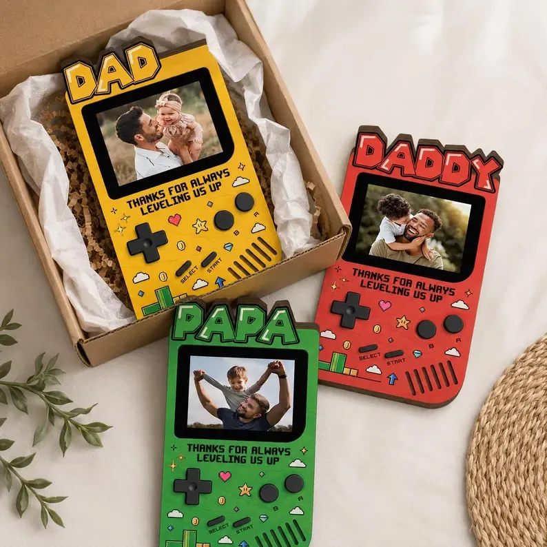 Personalized Fathers Day Gift for Gamer Dad, Custom Photo Dad Frame, Retro Game Console Photo Wooden Block Sign, Game Lover Room Decor