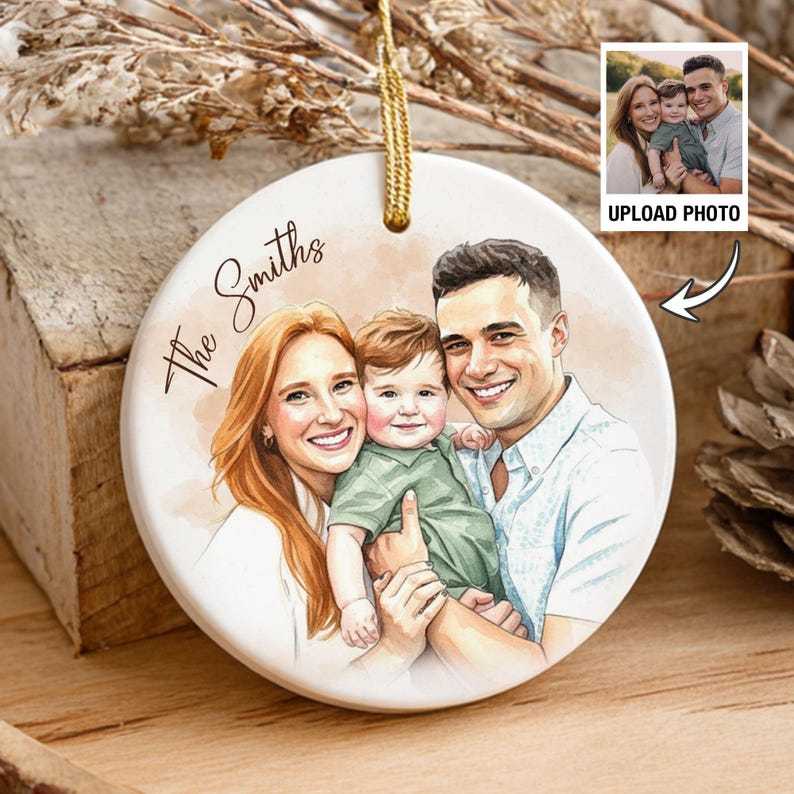 Custom Watercolor Portrait Ornament – Personalized Photo & Names Ornaments Romantic Gift for Your Loved One