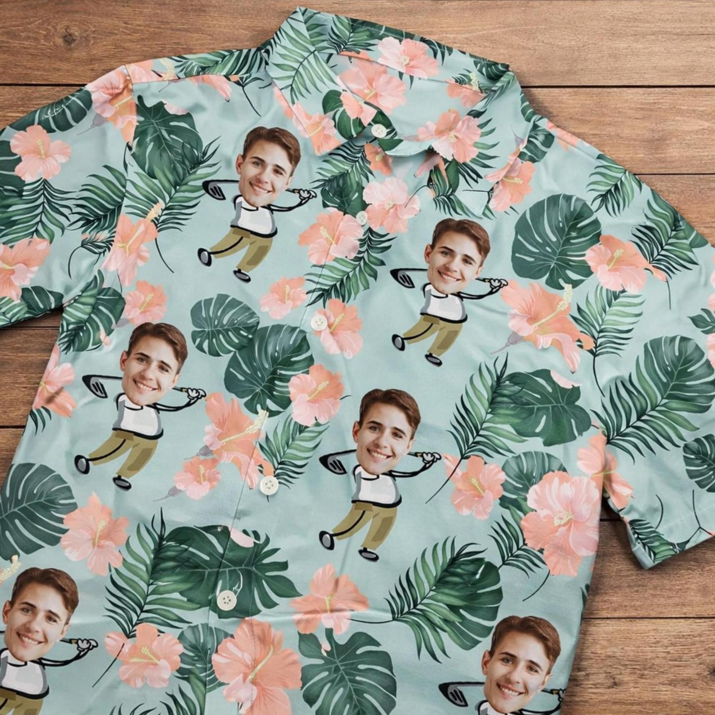 Personalized Funny Face Golf Hawaiian Shirt, Custom Hawaiian with Your Photo, Gift for Golf Lovers, Gift for Dad, Grandpa-Beach Party Shirt