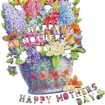 Unique Shaped Floral Mother's Day Jigsaw Puzzle Happy Mother's Day Bouquet Cut-out Puzzle Artistic Flower Vase Desktop Decor Gift for Mom360x250mm (14.2x9.8in)