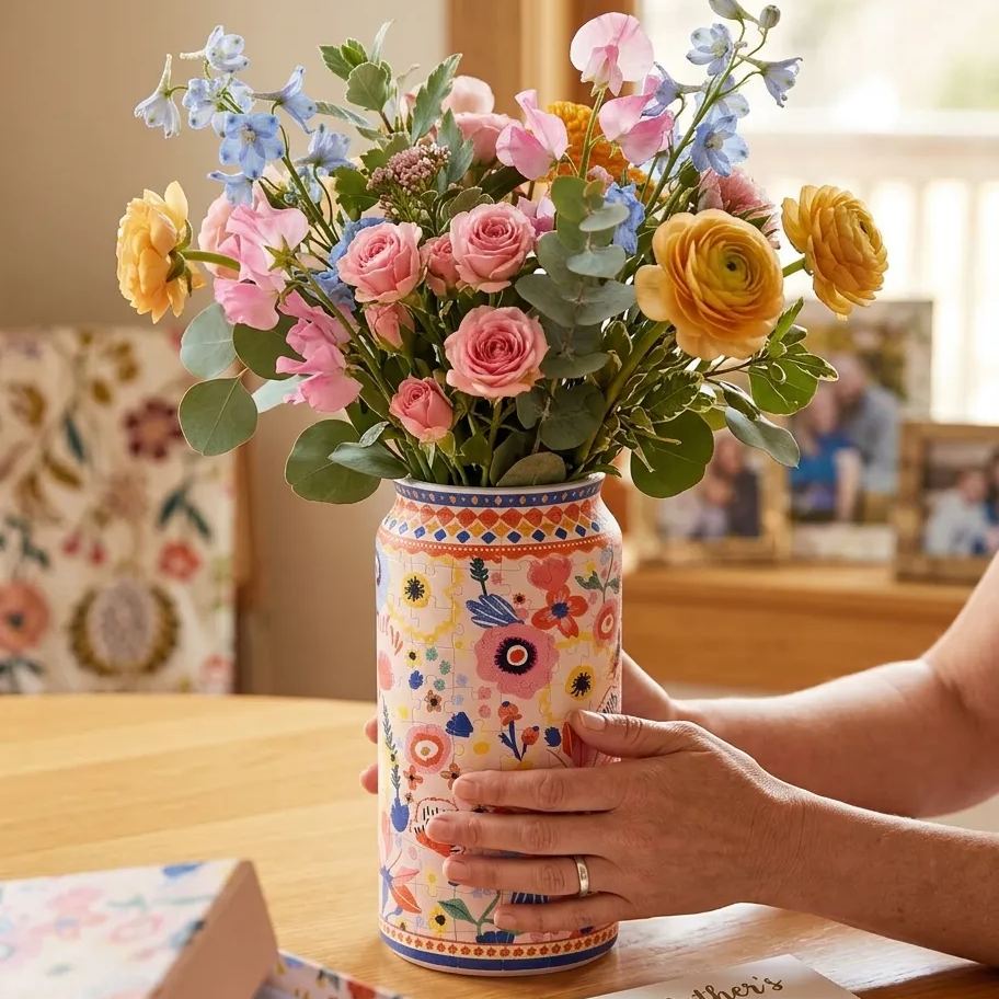 3D Jigsaw Puzzle Vase with Lid  Cylindrical Plastic Puzzle Jar Interlocking Piece Technology Water-Resistant Glue-Free Collectible Desktop Storage Box