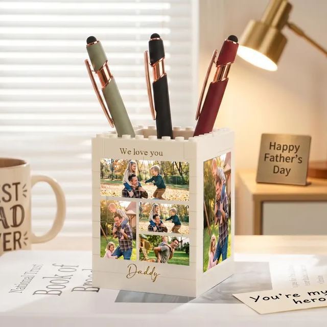 Personalised Daddy & Me Brick Photo block Pencil Pot, Brick-Inspired Organizer, Gifts for Dad, Kids, Chirlren, Student