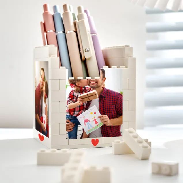 Personalised Daddy & Me Brick Photo block Pencil Pot, Brick-Inspired Organizer, Gifts for Dad, Kids, Chirlren, Student