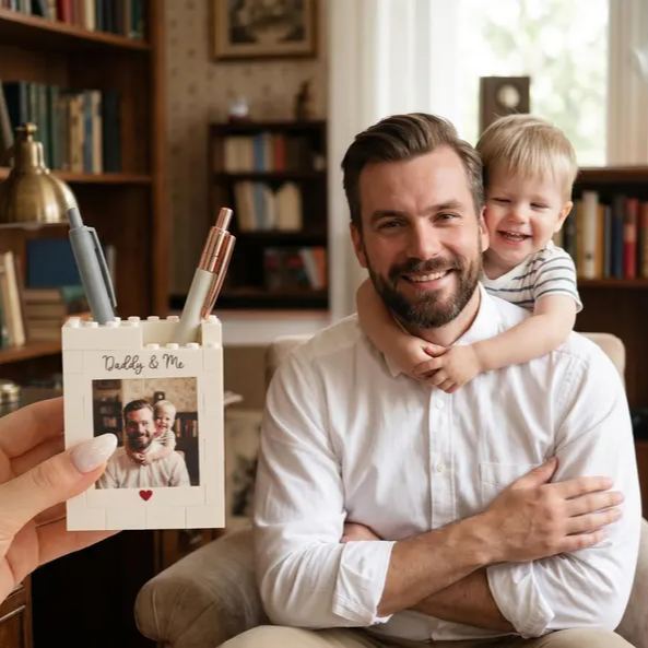 Personalised Daddy & Me Brick Photo block Pencil Pot, Brick-Inspired Organizer, Gifts for Dad, Kids, Chirlren, Student