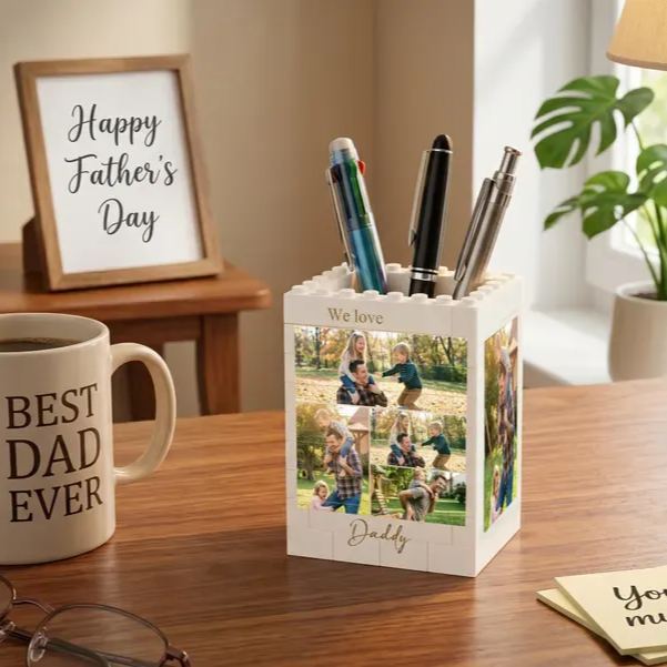 Personalised Daddy & Me Brick Photo block Pencil Pot, Brick-Inspired Organizer, Gifts for Dad, Kids, Chirlren, Student