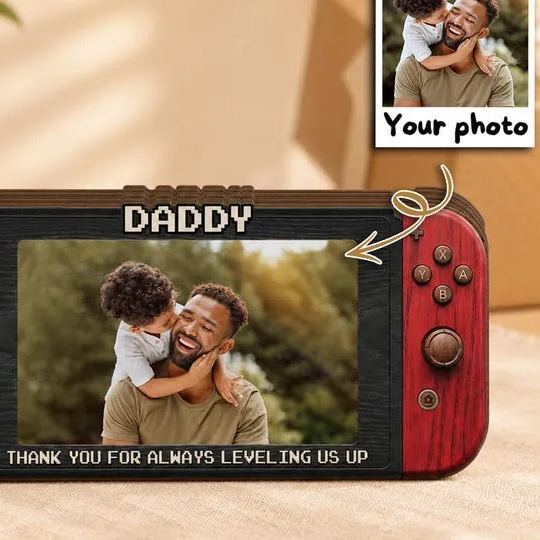 Personalized Fathers Day Gift for Gamer Dad, Custom Photo Dad Frame, Retro Game Console Photo Wooden Block Sign, Game Lover Room Decor