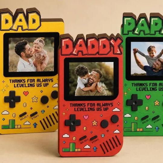 Personalized Fathers Day Gift for Gamer Dad, Custom Photo Dad Frame, Retro Game Console Photo Wooden Block Sign, Game Lover Room Decor