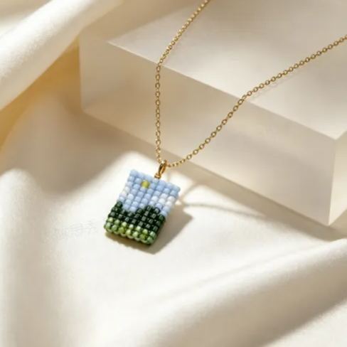 Landscape Necklace -Mini Pixel Mountain View Pendant Necklace Aesthetic Forest Layered Jewelry