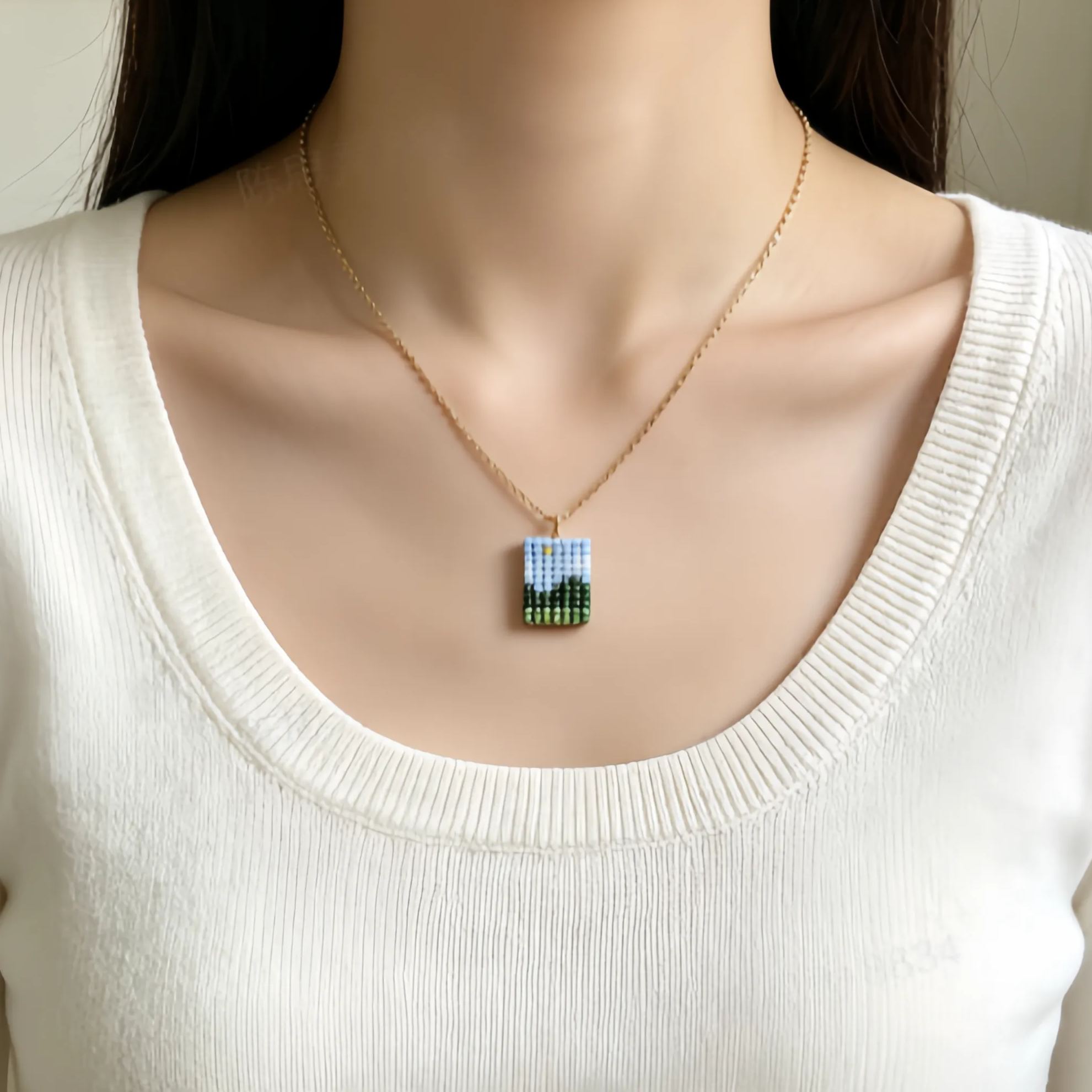Landscape Necklace -Mini Pixel Mountain View Pendant Necklace Aesthetic Forest Layered Jewelry