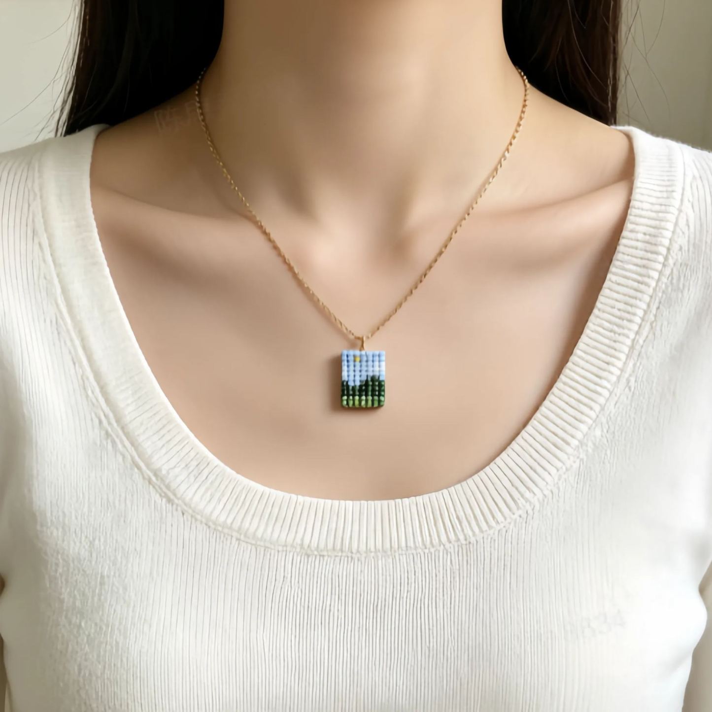 Landscape Necklace -Mini Pixel Mountain View Pendant Necklace Aesthetic Forest Layered Jewelry