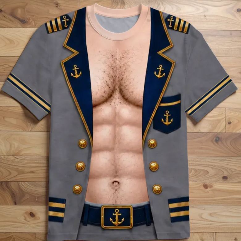 Creative Captain Uniform Printed T-Shirt, Men Cruise Vacation Short Sleeve, Funny Party Costume Gift