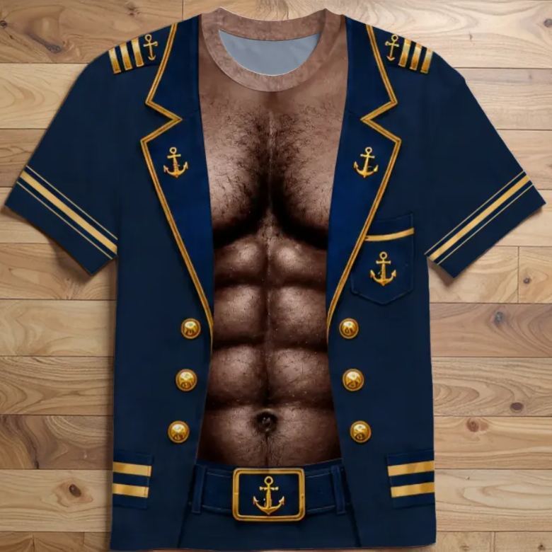 Creative Captain Uniform Printed T-Shirt, Men Cruise Vacation Short Sleeve, Funny Party Costume Gift