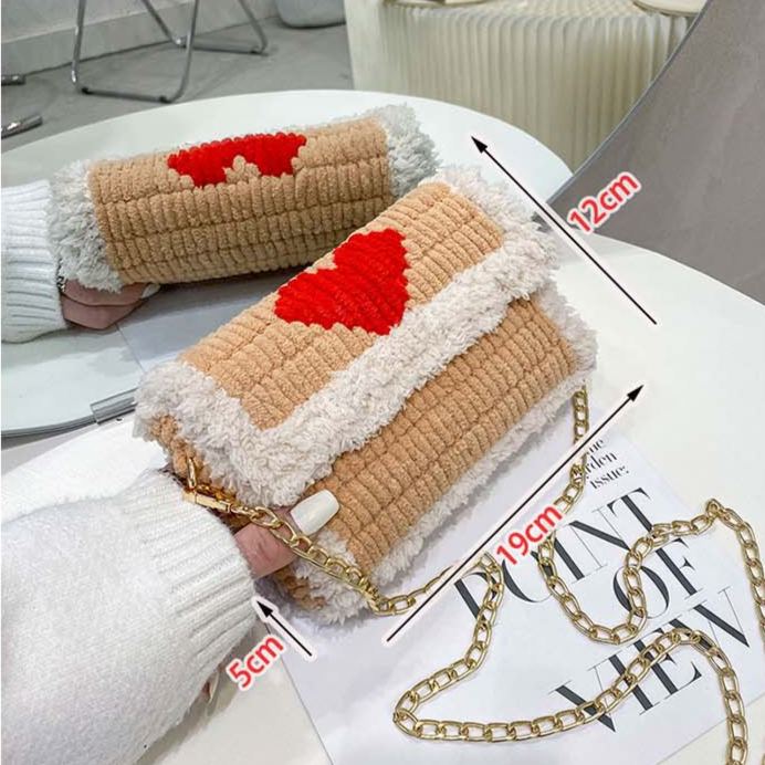 Handmade Chunky Chenille Crocheted Shoulder Bag – Blue & White Heart Crossbody Purse with Silver Chain Strap, Soft Plush Flap Shoulder Bag, DIY Craft Gift for Women