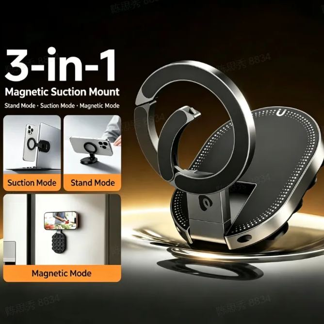 Carabiner Suction Cup Phone Holder, Foldable Portable Multi-Angle Magnetic Stand for Car & Desktop